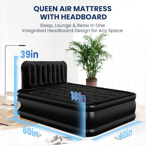 Queen Air Mattress with Headboard & Built-In Pump, Heavy Duty Support