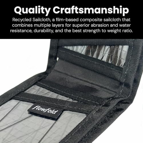 Flowfold Vanguard Recycled Sailcloth Bifold Wallet | Slim and Durable with Cash pocket, Two Hidden Card Pockets and Two ID Windows | Holds 10-12 Cards | Minimalist Wallet Made in USA | Blue Sailcloth