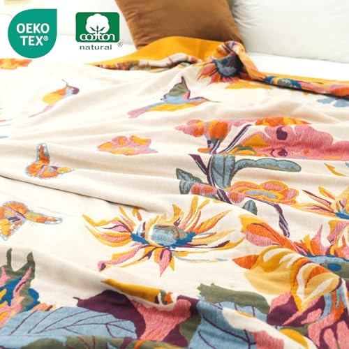 Cali King Boho Throw Blanket Floral Bird Butterfly Pattern Organic Cotton Oversized 91x108