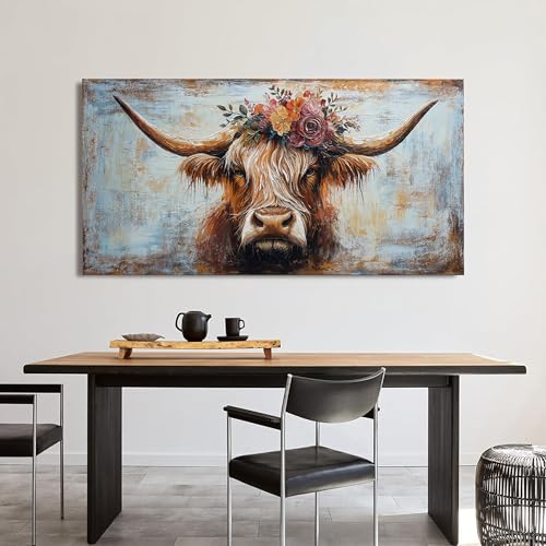 Highland Cow Canvas Wall Art Large 48x24 Inches - Rustic Living Room Decor - JYQ-N Variation