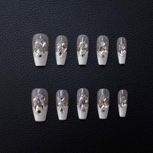 GLORS Splendid French Milky White Press-On Nails with Full Rhinestones, 10pcs (Small) – Light Luxury
