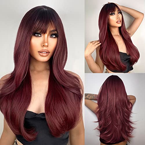 Wine Red Ombre Wigs with Bangs for Women Long Layered Synthetic Heat-Resistant Hairpiece - Burgundy
