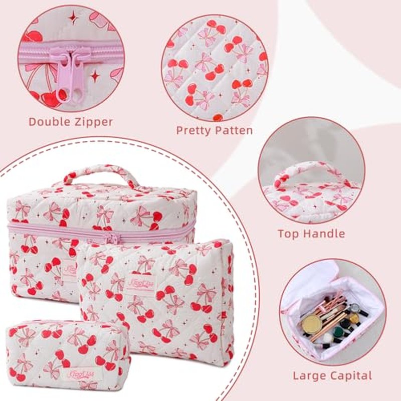 3-Piece Quilted Makeup Bag, Large Cute Coquette Pink Makeup Bag Set, Aesthetic Cosmetic Bags for Women, Travel Toiletry Bag Organizer with Zipper (Cherry Bow)