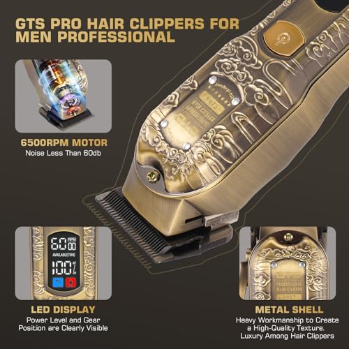 GTS PRO Professional Cordless Hair Clippers for Men - Bronze LCD Display & Travel Case