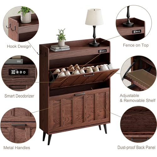 Walnut Shoe Storage Cabinet with 2 Flip Drawers and Deodorizer - Narrow Rustic Entryway Organizer