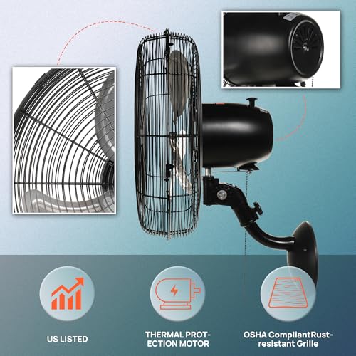 Tornado 16-Inch Pro Series Oscillating Wall Mount Fan - Black, Heavy Duty, 3-Speed, 2850 CFM