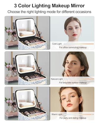 Small Floral Print Makeup Bag with LED Mirror - Travel Cosmetic Organizer for Women & Girls