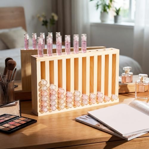 Wooden Lip Balm Display Rack - 10 Slot Lipstick Holder with Clear Card Slots - Variation: Wood Color / 10 Slots