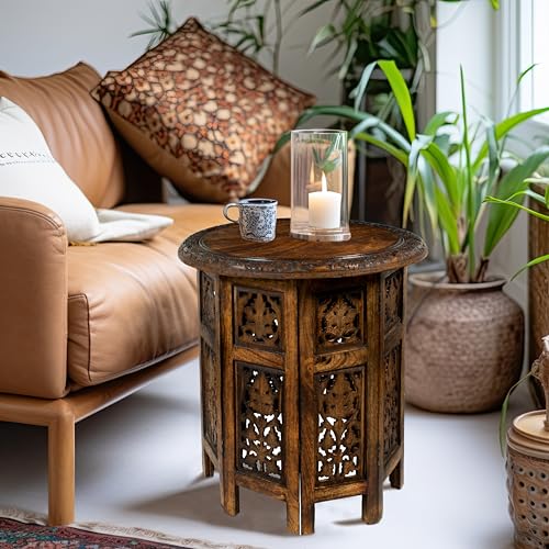 Antique Brown Hand-Carved Wood End Table - Folding Accent Side Table, 18x18 inches