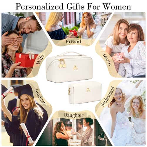 Cloudwings Initial Makeup Bag Set Beige - Personalized Gift for Women