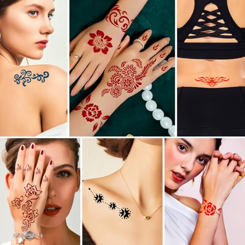 Temporary Tattoo Henna Kit Safe & Easy Fake 12 Bottles 11 Colors Ink 18 Big Pcs Stencils for Adults/Kids-fake tattoos (Black¡¿2, Red, Green, Purple, Orange, Navy Blue, Brown, Pink, Grey, Yellow)