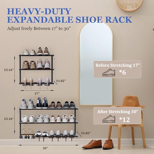 Black 4 Pack Wall Mounted Shoe Rack Adjustable 3-Tier Organizer with Hooks