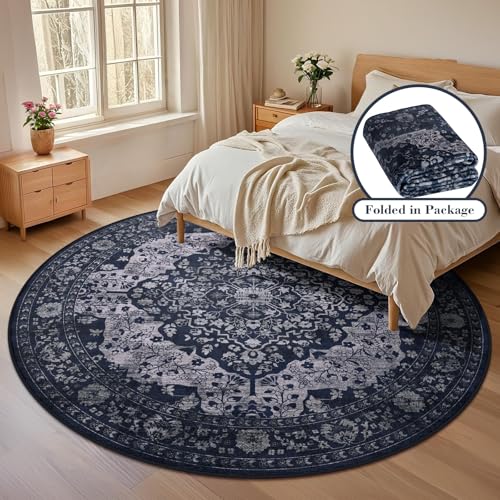 Blue 8ft Boho Round Rug - Vintage Non-Slip Washable Floor Carpet for Living Room