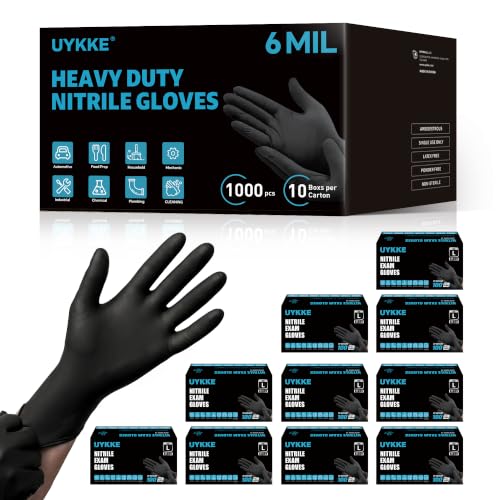 Heavy Duty Nitrile Gloves Large - 6 Mil Disposable Rubber Black Gloves, 1000pcs with Anti-Slip Fingers