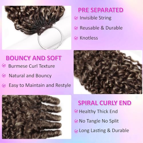 Ombre P4/27/30 Burmese Curly Human Hair Extensions 18 Inch Pre-Separated Feather Crochet with Spiral Curl Ends for Black Women