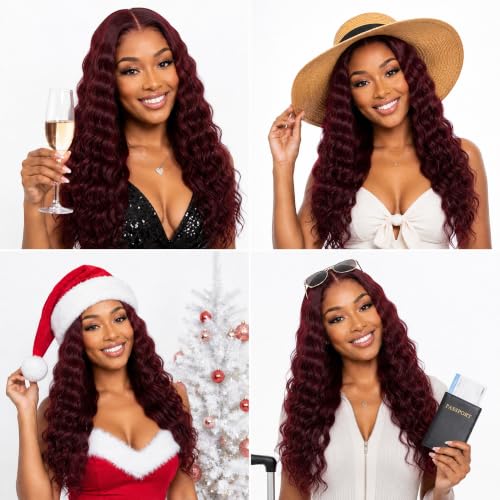 Burgundy Deep Wave Human Hair Bundles - 3 Pack 10/12/14 Inch - Burgundy #99J Variation D
