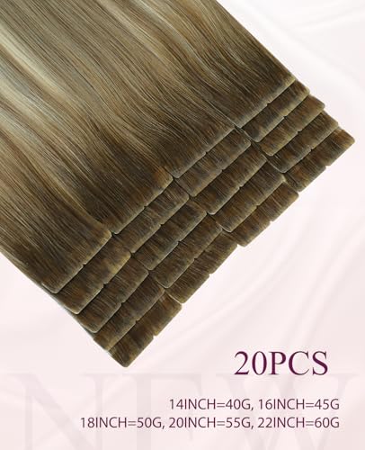 Pinkpearl Invisible Tape in Hair Extensions - 20pcs 20 Inch Balayage Walnut to Ash & Blonde