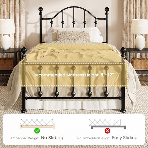 Twin Metal Bed Frame with Victorian Headboard & Footboard - Black, SHA CERLIN