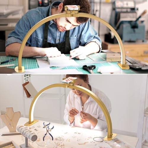Premium Large Half Moon LED Light for Nail Tech, Foldable Arch Light for Nail Desk Lamp with Phone Stand Perfect for Manicure Handicraft Lighting (Golden, Large)