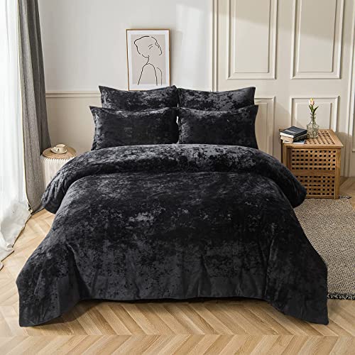 Fredsure Distressed Velvet Comforter Set - 5 Pieces King Black | Luxurious Soft Bedding