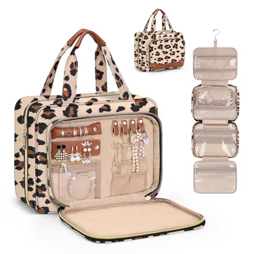 Large Waterproof Toiletry Bag for Women with Jewelry Organizer - Leopard Print Travel Organizer