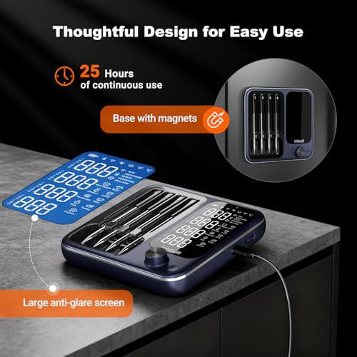 Wireless Meat Thermometer with WiFi & Bluetooth - 4 Probes, Digital Display