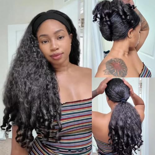 Black Afro Curly Headband Wig 22 Inch Synthetic Half Wig with Bouncy Curls - #1B