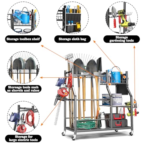 OrganizeLink 36" Large Freestanding Garden Tool Organizer with Wheels, Side Pocket
