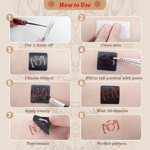 Kids & Adults Temporary Tattoo Kit with 8 Colors, Stencils & Ink - Waterproof & Safe