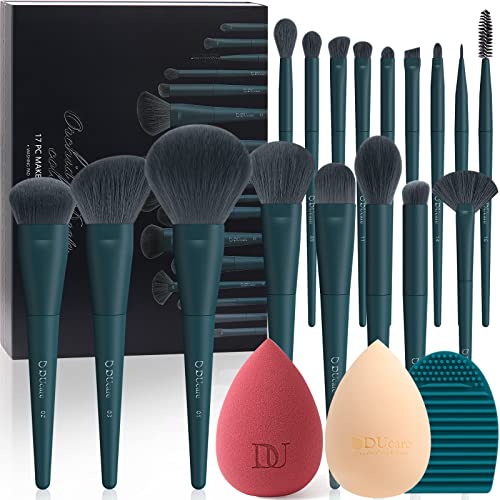 DUcare Makeup Brushes Set 17 Pcs with Brush Cleaning Mat and Makeup Sponge Professional Face Powder Eye Shadow Powder Liquid Cream Kit Gift Box