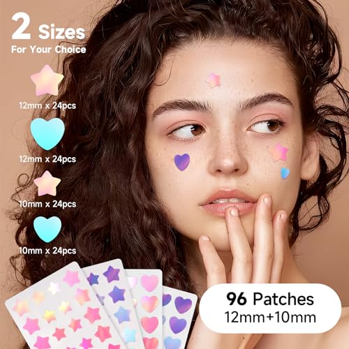 Star Pimple Patch with Salicylic Acid Tea Tree Oil & Centella Asiatica, Hydrocolloid Pimple Stickers Iridescent Colors 96 Pcs 2 Sizes, Cute Star Heart Shaped Zits Blemishes Breakouts Patches