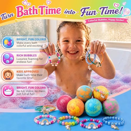 Unicorn Bath Bombs for Kids with Surprise Jewelry - 6 Pack, Organic & Scented