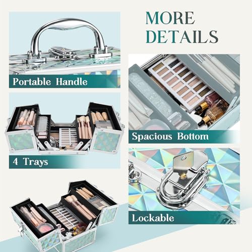 FRENESSA Shiny Blue Makeup Train Case Portable Organizer with Lock | 4-Tier Cantilever Cosmetic Box
