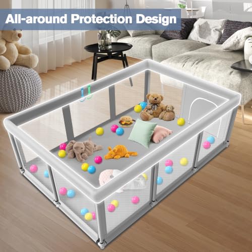 Large Baby Playpen 74x50x27 Inches with Soft Mesh, Anti-Slip Base - Grey