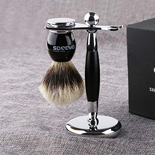 Shaving Brush and Stand Set - Silvertip Badger Hair for Wet Shaving - Variation of Brush + Stand