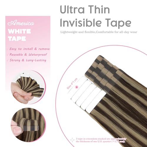 Tape in Hair Extensions 14 Inch Brown Highlighted P4/27 - Natural Human Hair, Seamless & Easy to Install