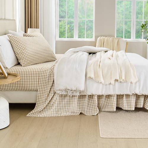 Pure Era Brown Gingham King Sheets Set - 100% Washed Cotton Linen-Like