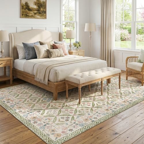 Jinchan 8x10 Sage Green Vintage Floral Washable Area Rug - Large Living Room Carpet