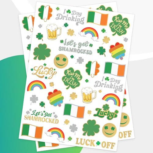 St Patricks Day Temporary Tattoos 56 Glitter Styles Shamrock Face Stickers Suppiles Kiss Me I'm Irish Party Favor St Patty's Day Accessories Leprechauns Arts and Crafts