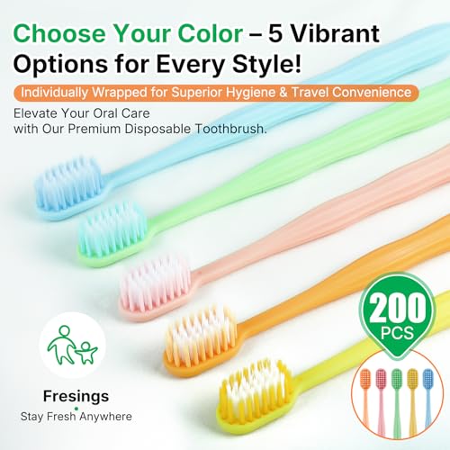 200 Count Disposable Toothbrushes with Peanut Grip - Individually Wrapped, Travel & Guest Use