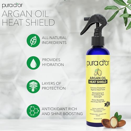 PURA D'OR Argan Oil Heat Protectant Spray 8 Oz Pack of 2 - Thermal Heat Shield for Hair Up to 450°F, Leave-In Shine & Damage Repair