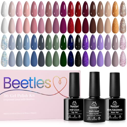Beetles Gel Nail Polish Set 36 Colors with Top & Base Coats - Neutral Elegance Variation