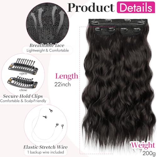 3PCS Invisible Wire & Clip-In Hair Extensions - Natural Black 22 Inch - Full Volume Set