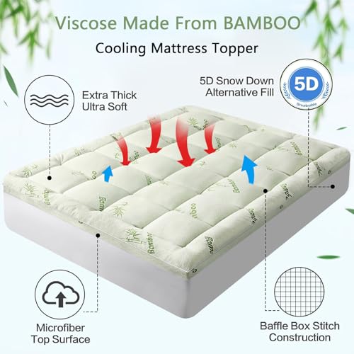 White RV King Mattress Topper 72x80 Inch Extra Thick Bamboo Viscose Quilted Fitted Pad