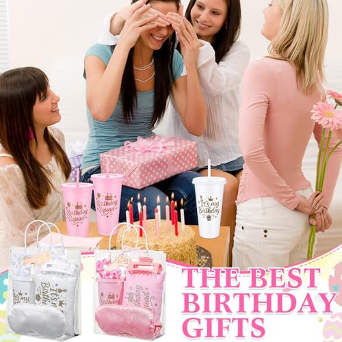 6 Sets Birthday Squad Party Favors for Women Birthday Squad Cups Tumblers with Lids Straws Makeup Bags Satin Eye Masks Hair Clips Hair Scrunchies for Spa Sleepover Accessories(Pink White)