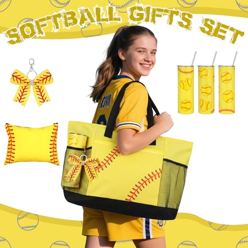 Softball Gifts Set with Tote Bag, Makeup Bag, 20 oz Tumbler & Keychain - Softball Themed Birthday Gift