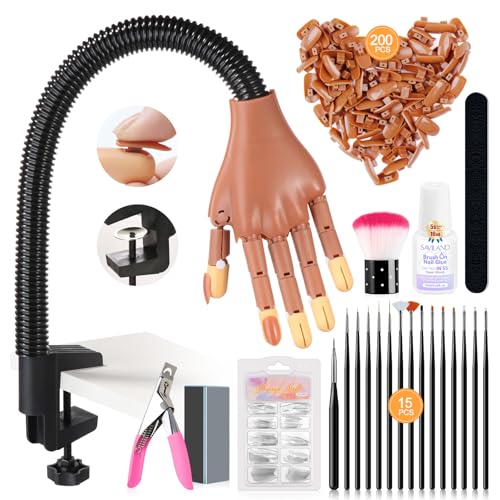 A2-2025 Practice Hand for Acrylic Nails with 200 Nail Tips & Tools - Anti-Slip & Flexible Nail Art Kit