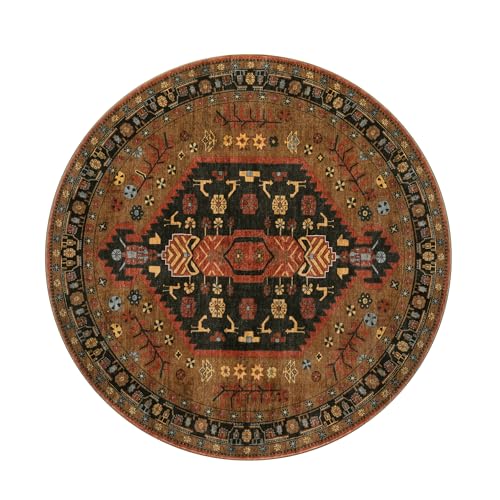 8ft Round Area Rug for Living Room and Bedroom - Soft Boho Carpet with Anti-Slip Back - Red and Gold Variation