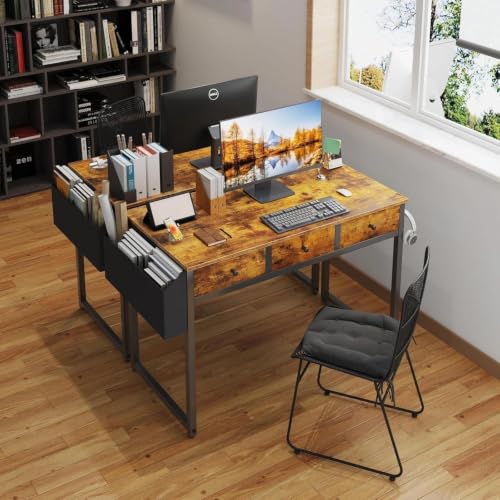 Lufeiya Rustic Brown 39.4 Inch Desk with 3 Fabric Storage Drawers for Bedroom & Home Office