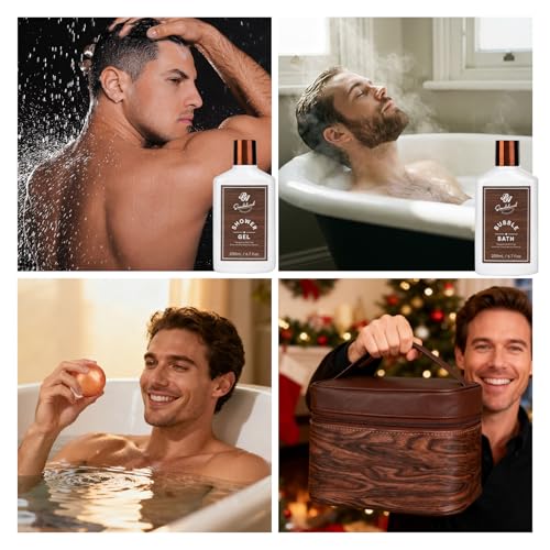 Men's Spa & Grooming Gift Set with Sandalwood & Cedarwood, Leather Bag